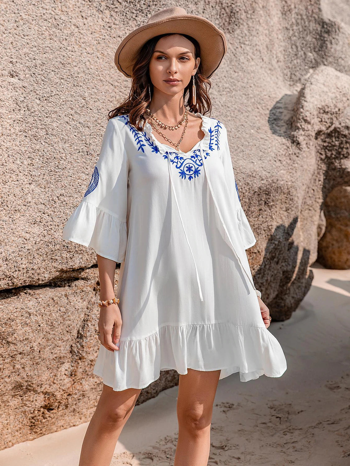 Women's White Dress Smock Dress Mini Dress Cotton Tie Front Embroidery Boho Bell Sleeve V Neck 3/4 Length Sleeve Summer White