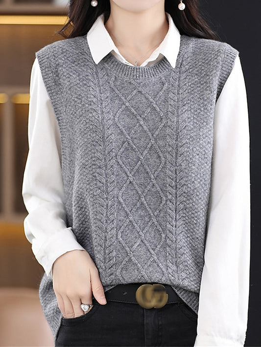 Women's Sweater Vest Crew Neck Cable Knit Polyester Oversized Fall Winter Short Daily Going out Weekend Stylish Casual Soft Sleeveless Solid Color Coffee color Black Camel M L XL