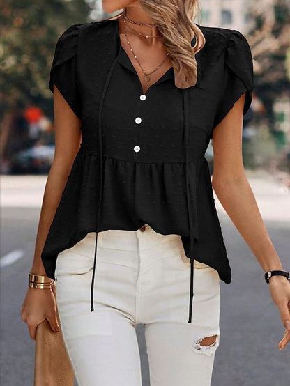 Women's Shirt Blouse Plain Daily Lace up Button Black Short Sleeve Casual V Neck Summer