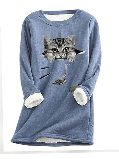 Women's Sweatshirt Pullover Sherpa Fleece Teddy Denim Blue Black White Cat Street Round Neck Plus Size Long Sleeve - LuckyFash™