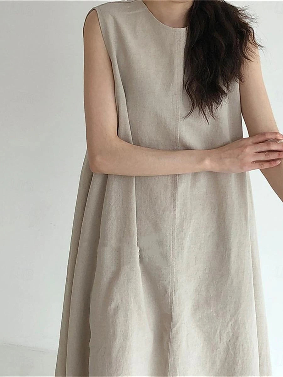 Women's White Dress Casual Dress Cotton Linen Dress Maxi long Dress Pocket Basic Daily Crew Neck Sleeveless Summer Spring Black White Plain