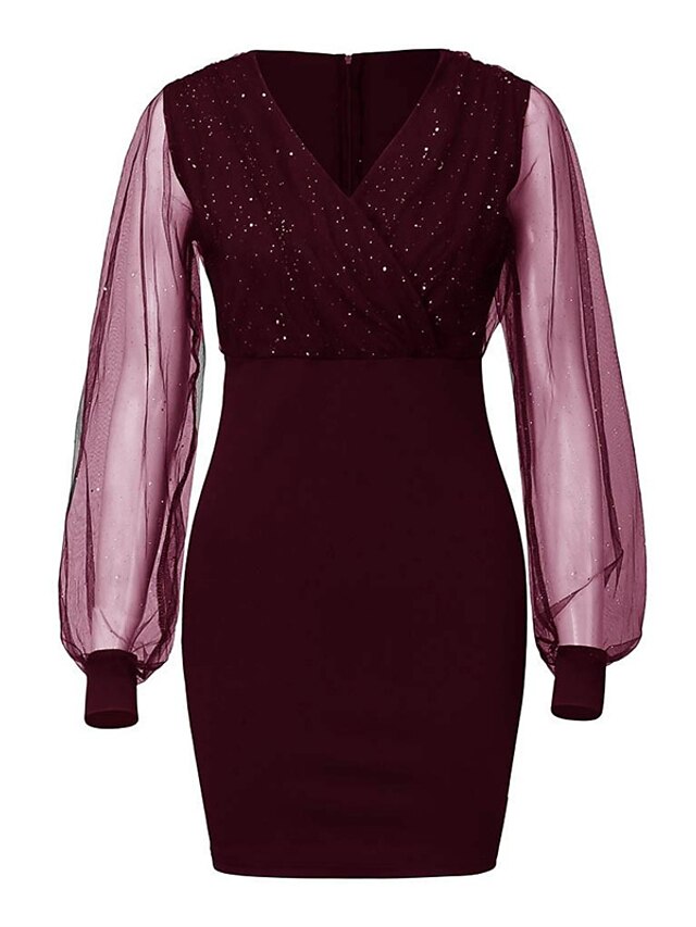 Women's Semi Formal Party Dress Sequin Dress Bodycon Mini Dress Black Wine Purple Long Sleeve Pure Color Sequins Winter Fall Spring V Neck Fashion Winter Dress Fall Dress 2023 S M L XL XXL - LuckyFash™