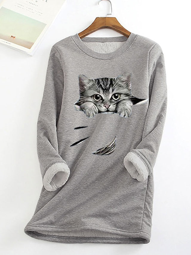 Women's Sweatshirt Pullover Sherpa Fleece Teddy Denim Blue Black White Cat Street Round Neck Plus Size Long Sleeve - LuckyFash™