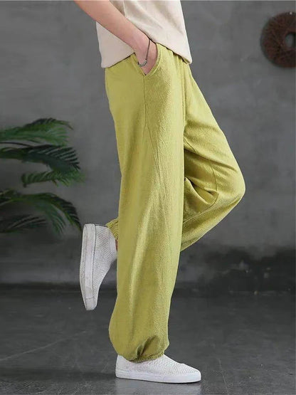 Women's Sweatpants Linen Cotton Blend Plain Light Yellow Black Vacation High Waist Full Length Street Daily Fall Winter