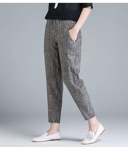 Women's Tapered Carrot Pants Linen Cotton Blend Striped Blue Grey Casual Ankle-Length Casual Daily