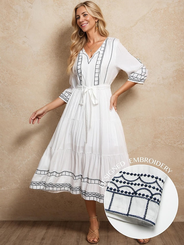 Women's White Dress Casual Dress Tie Front Embroidered V Neck Long Dress Maxi Dress Elegant Wedding Valentine's Day 3/4 Length Sleeve Summer Spring