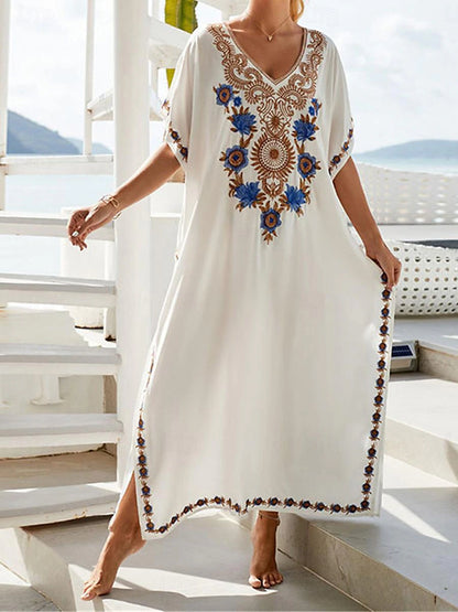 Women's White Dress Summer Dress Cover Up Long Dress Maxi Dress Embroidered Split Vacation Beach Maxi Boho V Neck Half Sleeve Black White Color