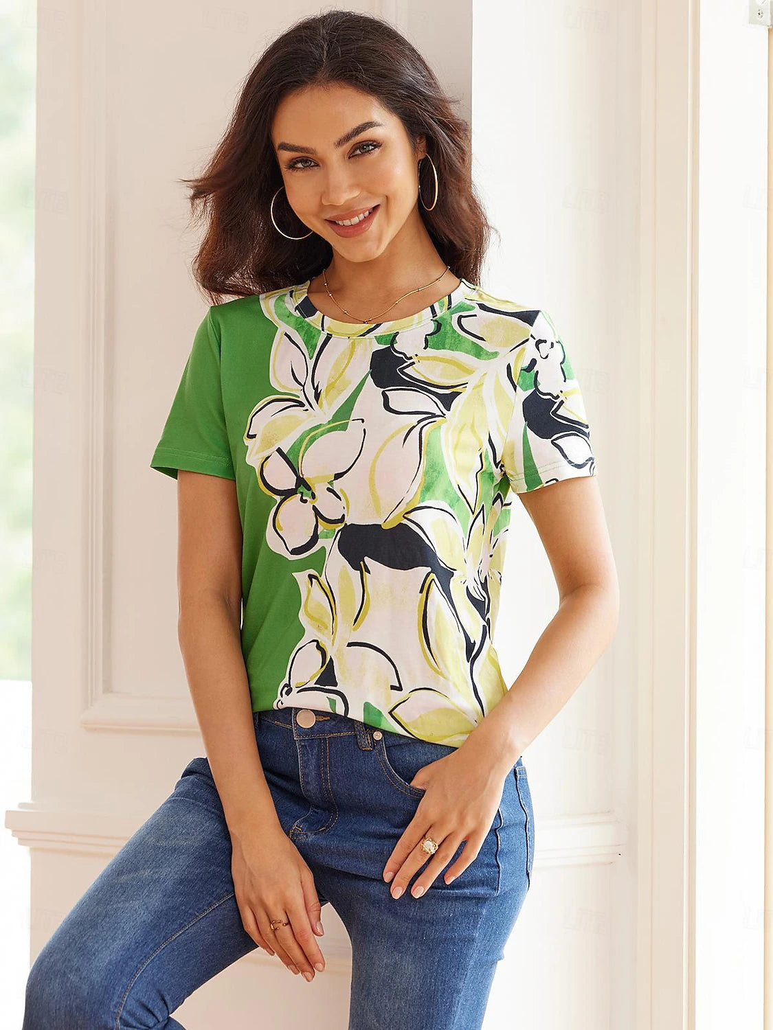 Women's T shirt Tee Floral Weekend Print Green Short Sleeve Fashion Crew Neck Summer