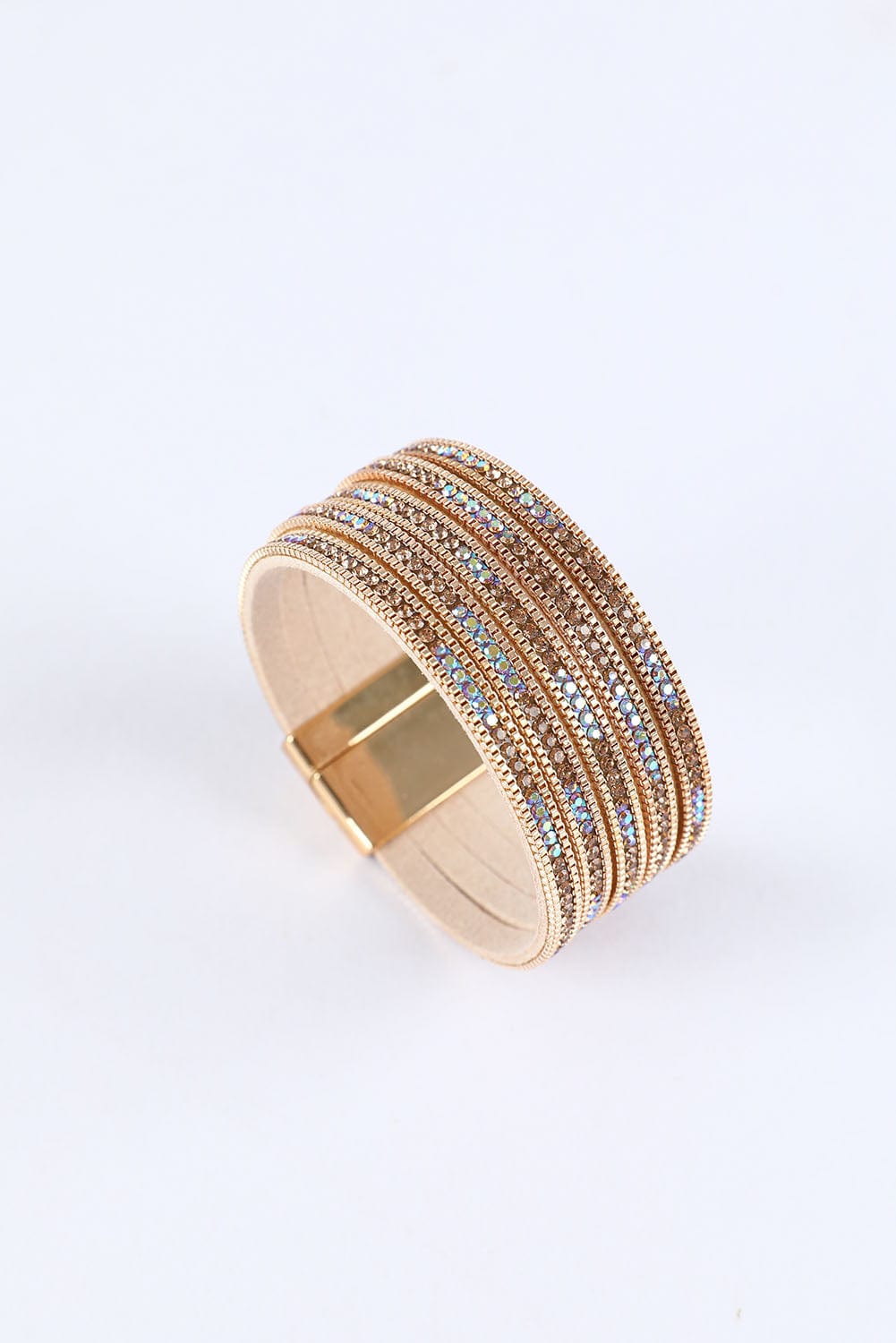 Luxurious Gold Diamond Leather Wide Cuff Bracelet with Magnetic Closure