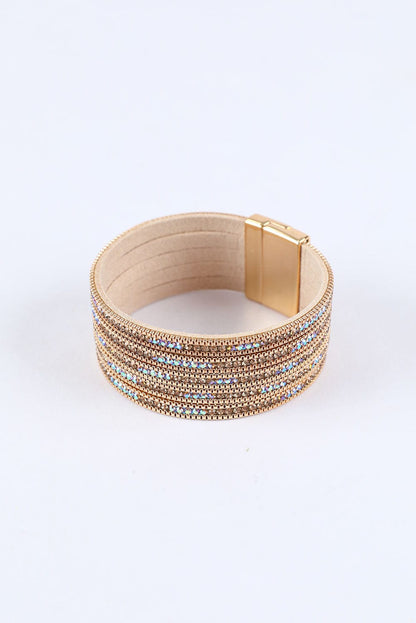 Luxurious Gold Diamond Leather Wide Cuff Bracelet with Magnetic Closure