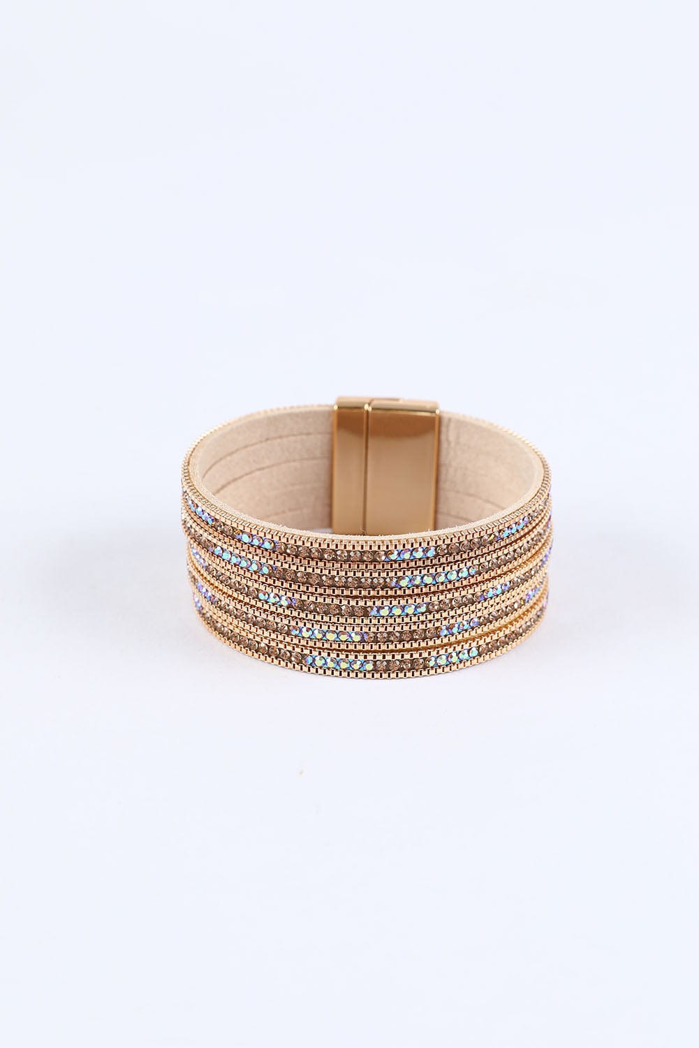 Luxurious Gold Diamond Leather Wide Cuff Bracelet with Magnetic Closure