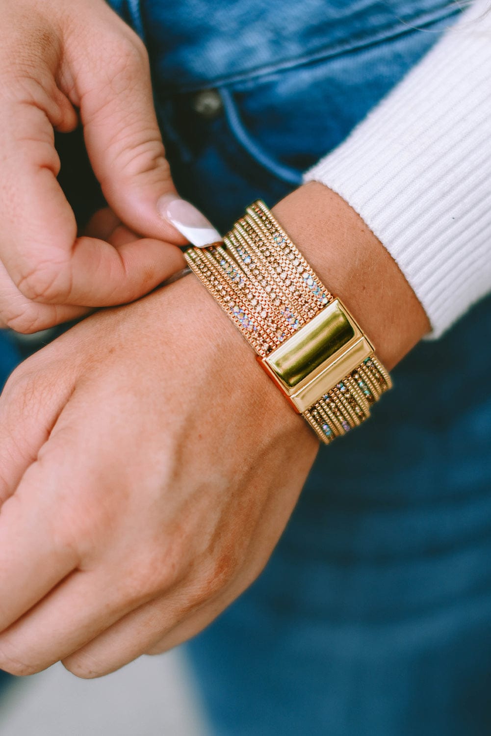 Luxurious Gold Diamond Leather Wide Cuff Bracelet with Magnetic Closure