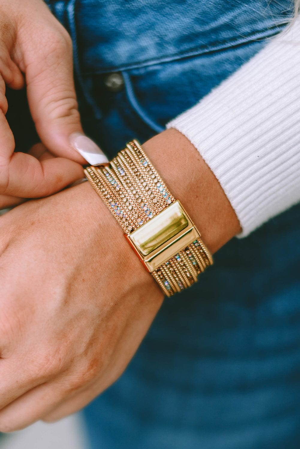 Luxurious Gold Diamond Leather Wide Cuff Bracelet with Magnetic Closure