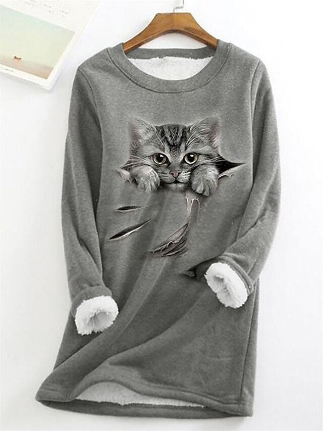 Women's Sweatshirt Pullover Sherpa Fleece Teddy Denim Blue Black White Cat Street Round Neck Plus Size Long Sleeve - LuckyFash™