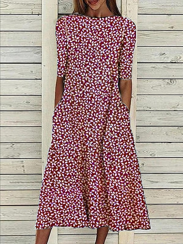 Women's Casual Dress Shift Dress Midi Dress Blue Half Sleeve Floral Loose Spring Summer Crew Neck Basic 2023 3XL - LuckyFash™