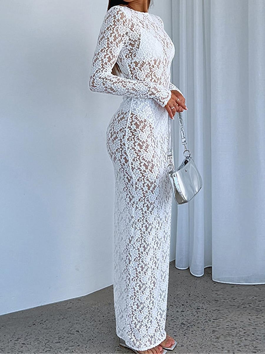 Women's White Dress Lace Dress Casual Dress Long Dress Maxi Dress Lace Patchwork Date Vacation Streetwear Maxi Round Neck Long Sleeve Black White Color