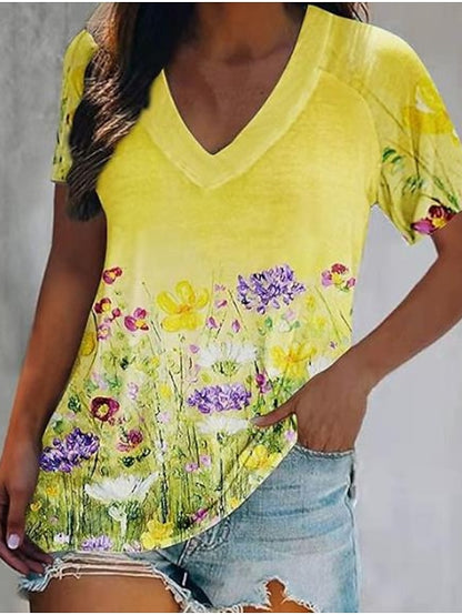 Women's T shirt Tee Graphic Daily Weekend Print Yellow Short Sleeve Basic V Neck