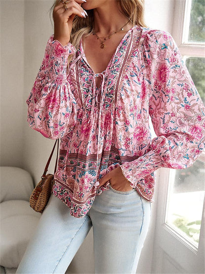 Women's Shirt Blouse Floral Vacation Beach Lace up Print Pink Long Sleeve Casual Boho V Neck Summer