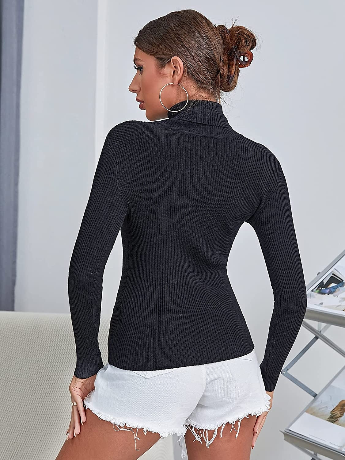 Women's Pullover Sweater Jumper Turtleneck Ribbed Knit Spandex Knitted Thin Fall Winter Daily Basic Casual Long Sleeve Solid Color Black+White+Gray Black+Apricot+Brown Black+White+Dark Green One-Size