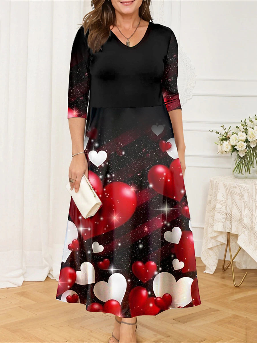 Women's Valentine's Day Plus Size Curve Casual Dress Swing Dress A Line Dress Heart Midi Dress Half Sleeve Print Pocket V Neck Fashion Outdoor Black Yellow Fall Winter L XL XXL 3XL 4XL