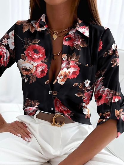 Women's Shirt Boho Shirt Blouse Floral Striped Letter Button Pocket Print Black Long Sleeve Vintage Streetwear Casual Shirt Collar Spring Fall