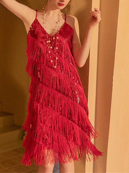 Women's Sequins Tassel Fringe Black Dress Midi Dress Elegant Plain Spaghetti Strap Sleeveless Party Summer Spring Black Red