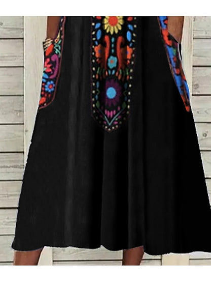 Women's Dress - Casual Dress Ethnic Dress Shift Dress Midi Dress Black Half Sleeve Floral Pocket Fall Spring Summer V Neck Vintage Birthday Daily Date 2023 S M L XL XXL 3XL