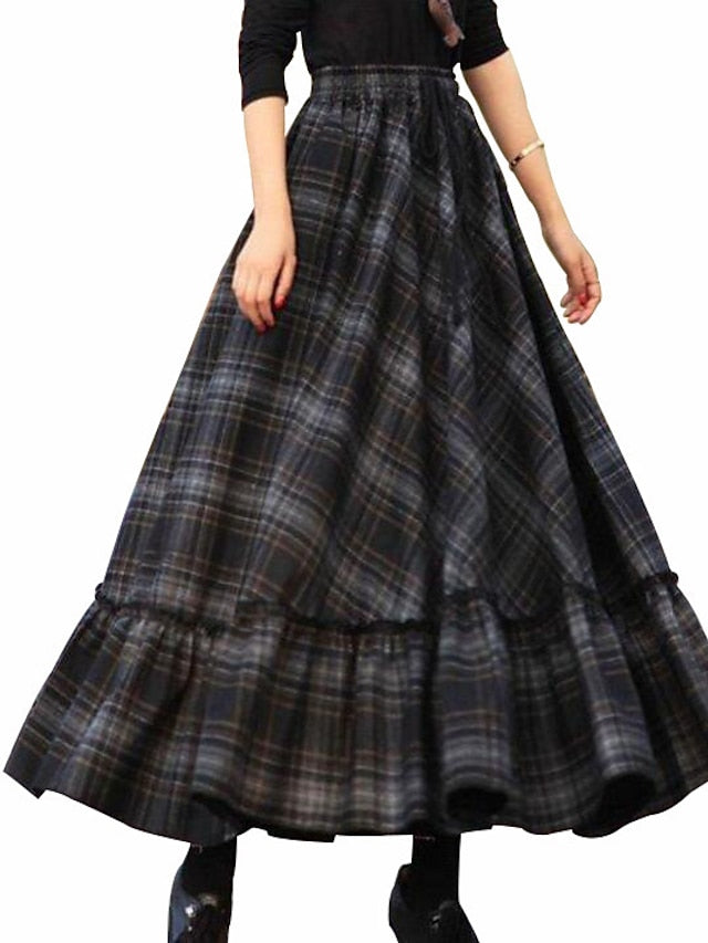 Women's Skirt Swing Work Skirts Long Skirt Maxi Skirts Ruffle Print Plaid Christmas Daily Autumn / Fall Polyester Cotton Blend Fashion Summer Black Red Fuchsia Gray