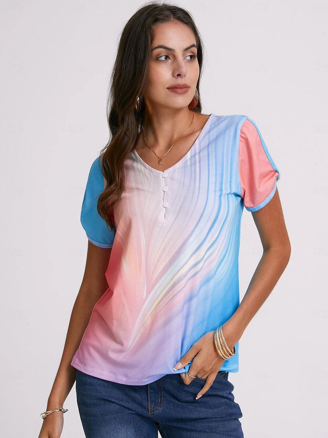 Women's T shirt Tee Ombre Color Gradient Vacation Button Cut Out Pink Short Sleeve Stylish Neon & Bright V Neck Summer