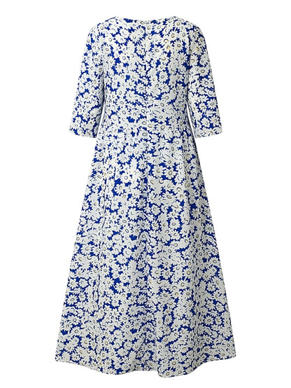 Women's Casual Dress Floral Dress Summer Dress Floral Ruched Pocket Crew Neck Midi Dress Fashion Modern Outdoor Daily Half Sleeve Regular Fit White Blue Green Summer Spring S M L XL XXL - LuckyFash™