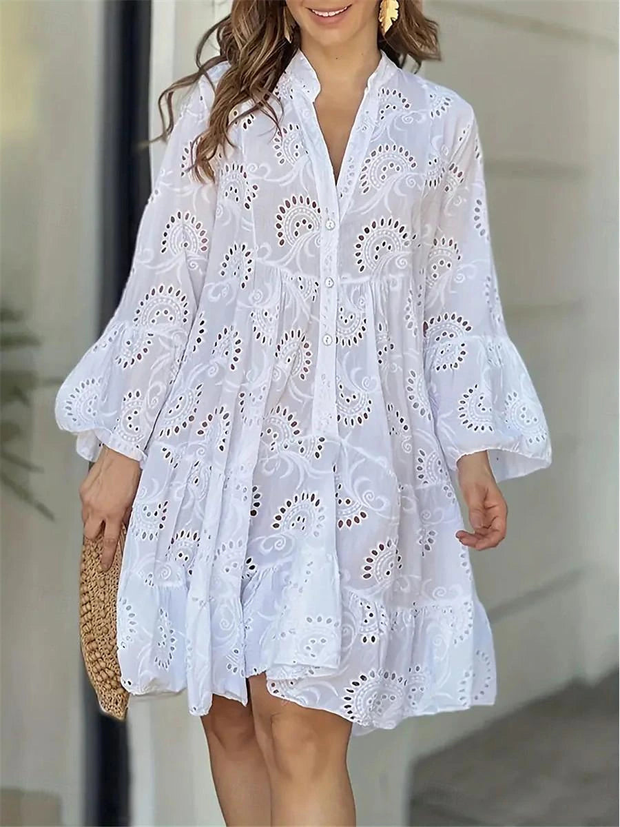 Women's White Dress Lace Dress Casual Dress Mini Dress Cotton Embroidered Button Date Streetwear Basic Split Neck Long Sleeve White Color