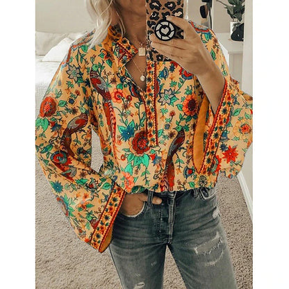 Women's Shirt Blouse Yellow Pink Dusty Rose Graphic Floral Button Print Long Sleeve Daily Holiday Vintage Boho Streetwear Round Neck Regular Boho S