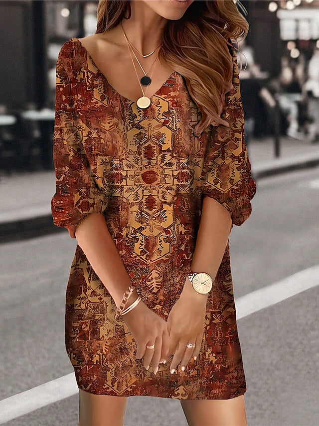 Women's Sweatshirt Dress Casual Dress Mini Dress Active Fashion Outdoor Vacation Going out V Neck Print Floral Print Loose Fit Wine Red Blue S M L XL XXL