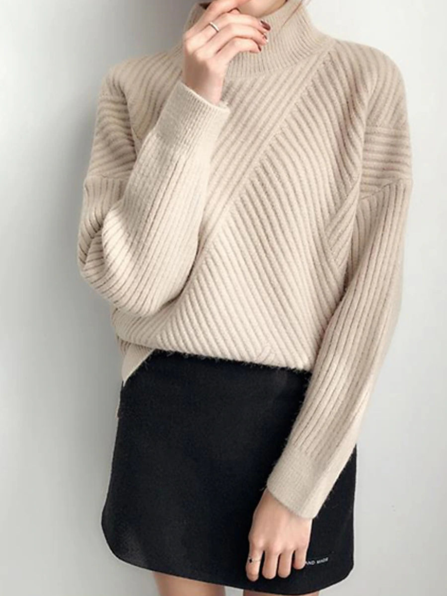 Women's Pullover Sweater Jumper Stand Collar Ribbed Knit Spandex Yarns Patchwork Split Fall Winter Regular Outdoor Daily Going out Stylish Casual Soft Long Sleeve Solid Color Black White Yellow