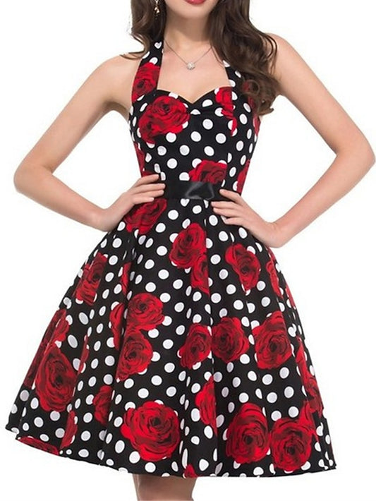 Women's Retro 1950s Vintage Tea Dresses Midi Dress Party Holiday Backless Print Floral Halter Sleeveless Regular Fit Summer Spring 2023 Black White S M L XL