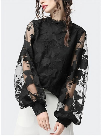 Women's Shirt Blouse Black Floral Lace Patchwork Long Sleeve Daily Weekend Streetwear Casual Round Neck Regular Lantern Sleeve S