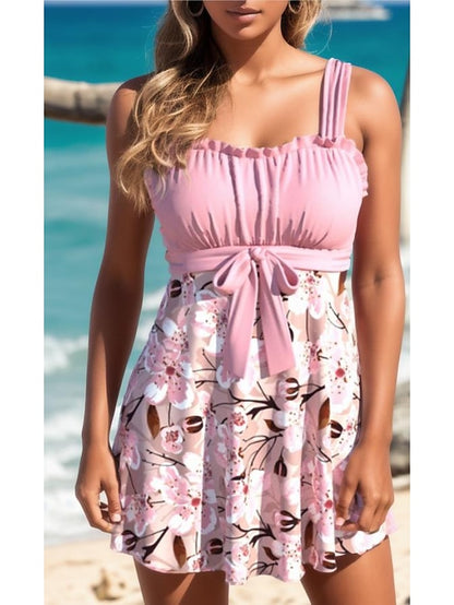 Women's Swimwear Swimdresses Plus Size Swimsuit 2 Piece Printing Floral Black Yellow Pink Dark Green Purple Bathing Suits Sports Beach Wear Summer - LuckyFash™