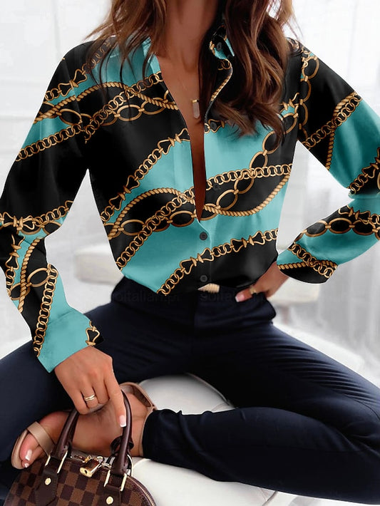 Women's Shirt Blouse Chains Print Casual Button Print Yellow Long Sleeve Fashion Shirt Collar Spring &  Fall