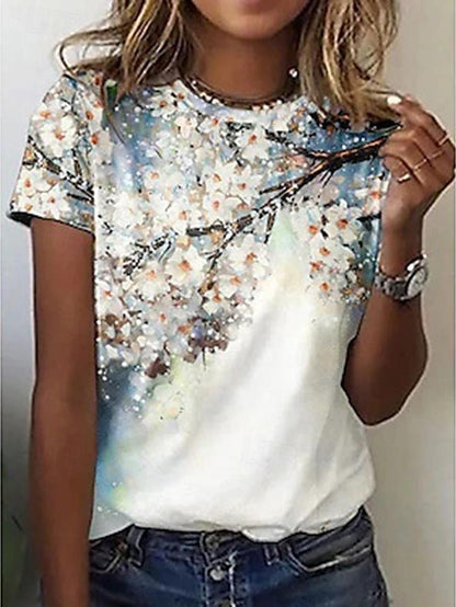 Women's T shirt Tee Floral Vacation Weekend Print Pink Short Sleeve Fashion Round Neck Summer