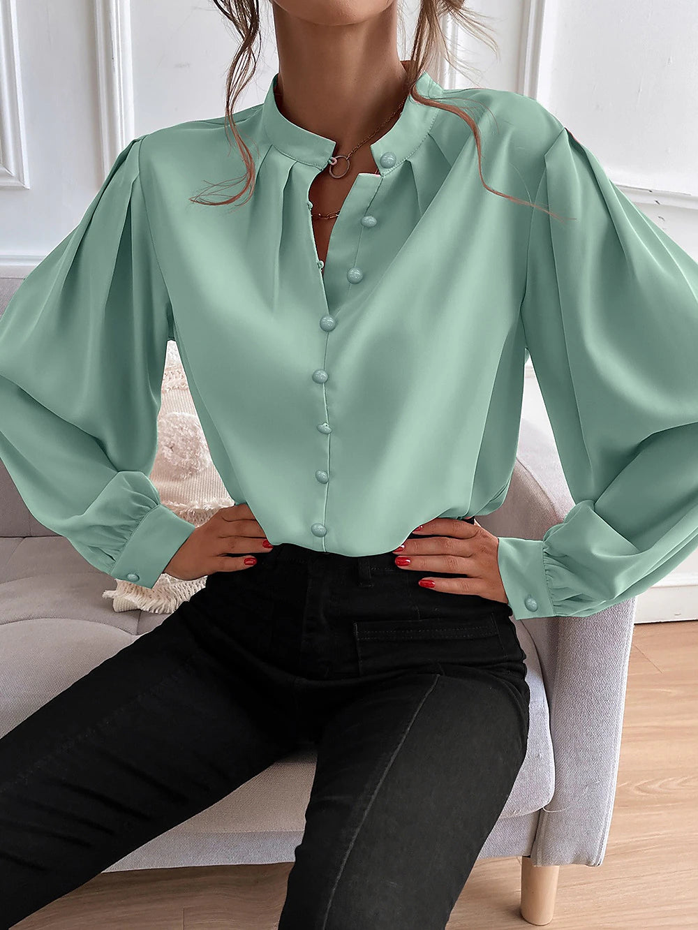 Women's Shirt Lantern Sleeve Blouse Plain Work Button Black Long Sleeve Daily Standing Collar Spring &  Fall