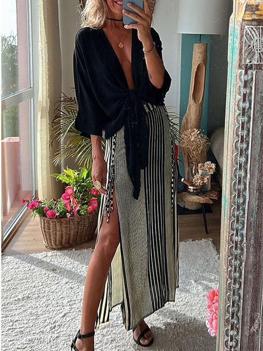 Women's Two Piece Dress Set Casual Dress Skirt Set Party Holiday Party Hawaiian Drawstring Long Dress Maxi Dress V Neck 3/4 Length Sleeve Stripe Loose Fit Black Summer Spring S M L XL