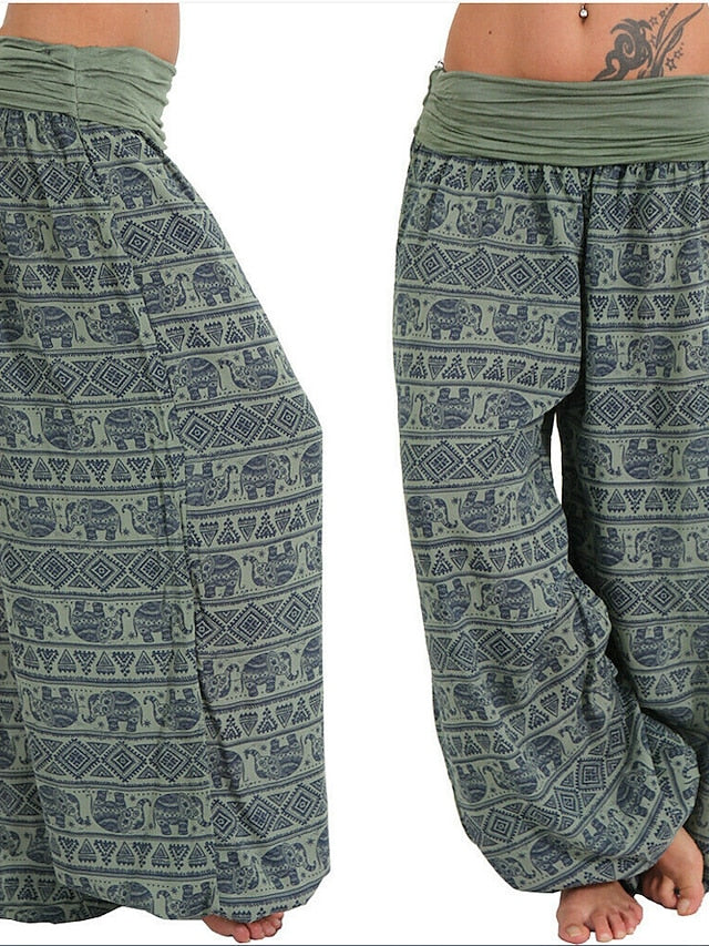 Womenâ€˜s Harem Pants Wide Leg Fold Over Waist Palazzo Bohemia Zumba Belly Dance Yoga Bloomers Bottoms Elephant Hippie Boho Navy ArmyGreen White Plus Size Sports Activewear - LuckyFash™