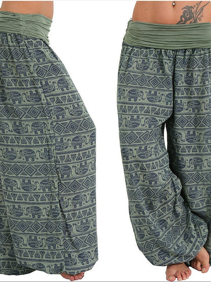 Womenâ€˜s Harem Pants Wide Leg Fold Over Waist Palazzo Bohemia Zumba Belly Dance Yoga Bloomers Bottoms Elephant Hippie Boho Navy ArmyGreen White Plus Size Sports Activewear - LuckyFash™