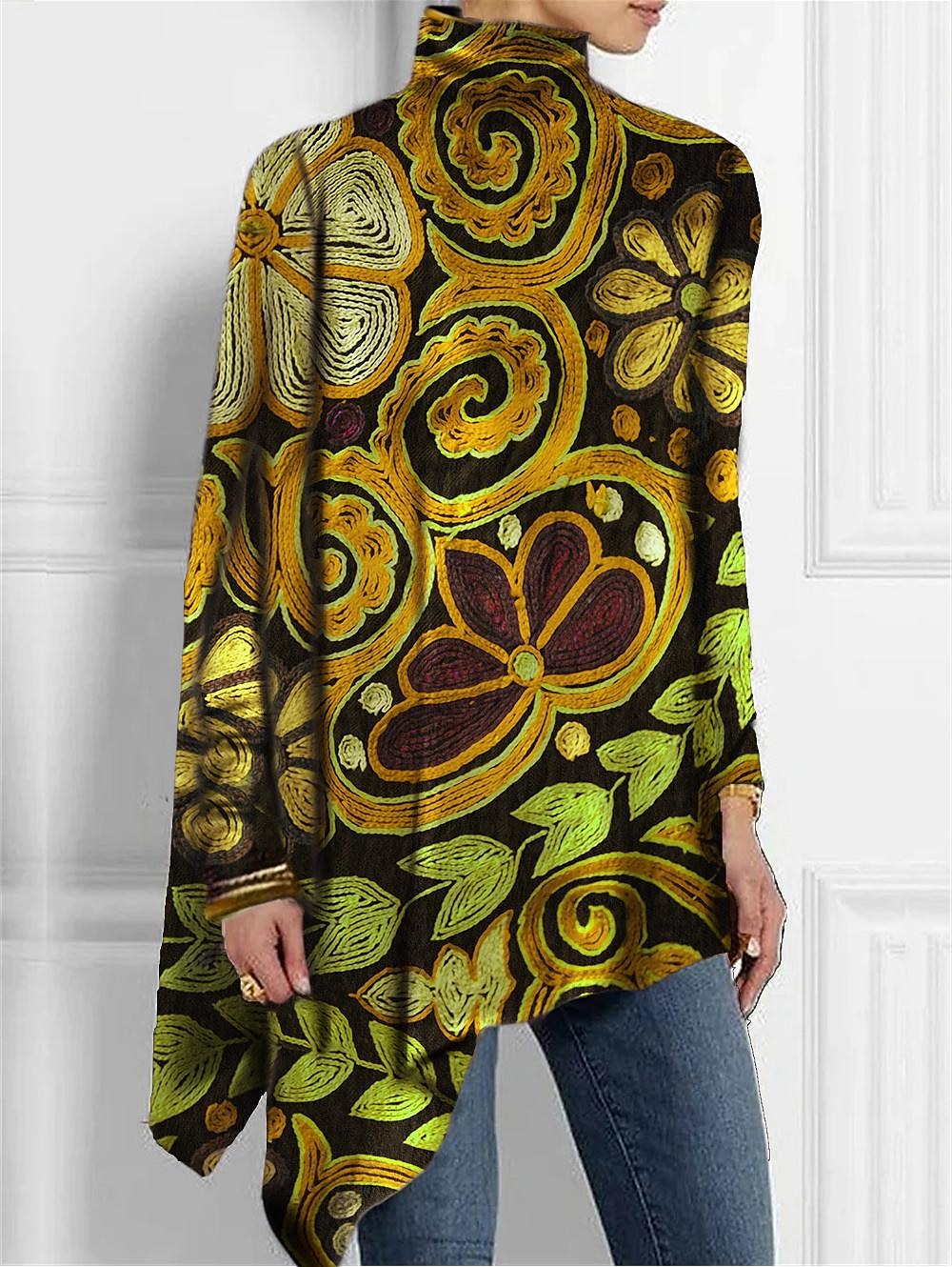 Women's Shirt Blouse Floral Casual Holiday Print Asymmetric Hem Yellow Long Sleeve Fashion High Neck Spring &  Fall