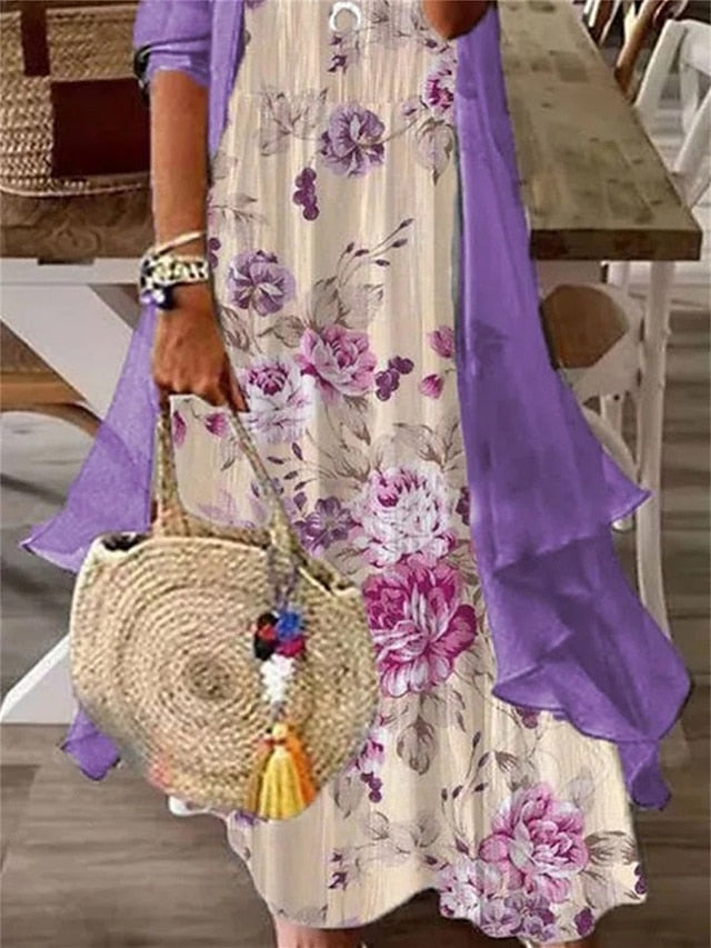 Women's Two Piece Dress Set Print Dress Daily Vacation Casual Print Maxi Dress V Neck 3/4 Length Sleeve Floral Loose Fit White Purple Green Summer Spring S M L XL XXL - LuckyFash™