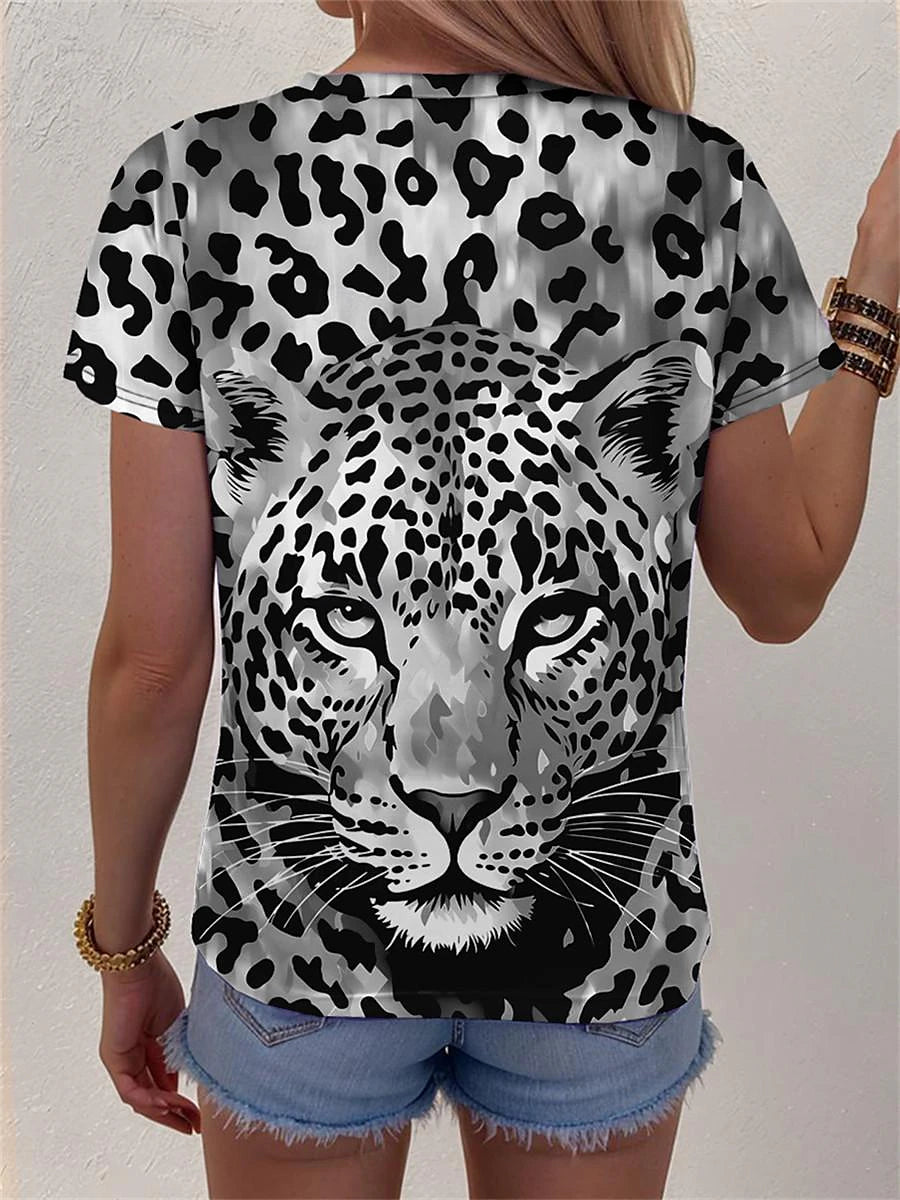 Women's T shirt Tee Leopard Daily Weekend Print Blue Short Sleeve Fashion Crew Neck Summer