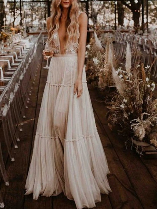 Beach Sexy Boho Wedding Dresses A-Line V Neck Sleeveless Floor Length Tulle Bridal Gowns With Appliques 2023 Summer Wedding Party, Women's Clothing - LuckyFash™