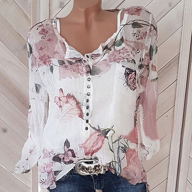 Women's Shirt Blouse Floral Daily Going out Weekend Button Print White Long Sleeve Streetwear Holiday Casual Shirt Collar Summer Spring