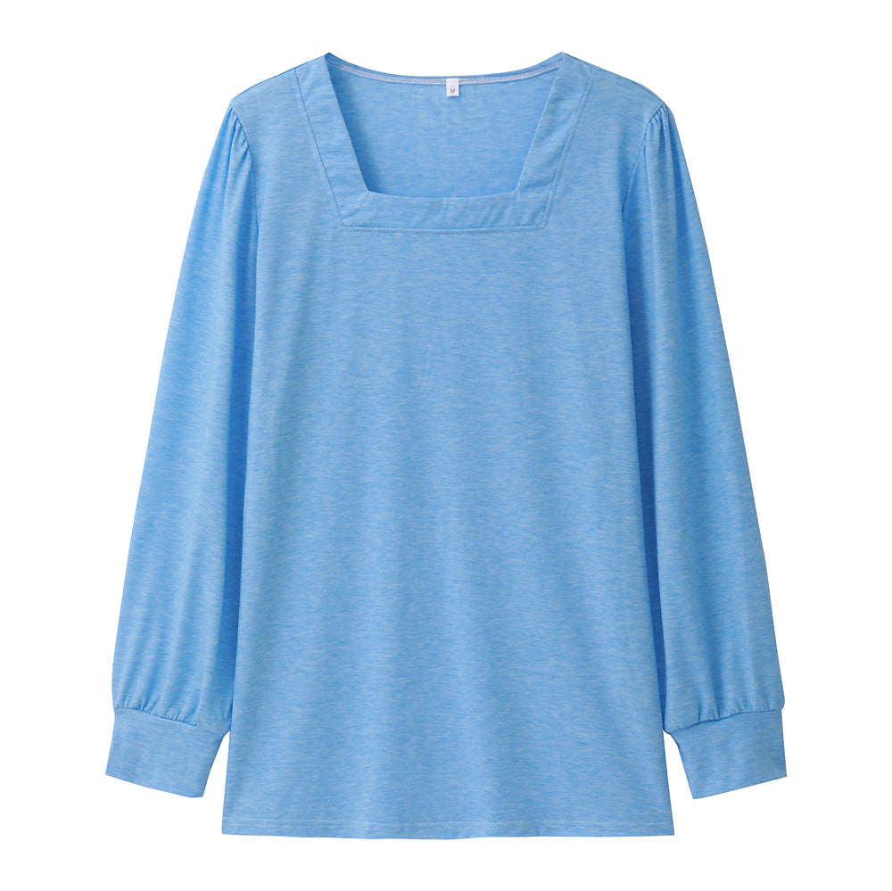 Women's T shirt Tee Cotton Plain Casual Daily Holiday Light Blue Long Sleeve Basic U Neck Fall & Winter