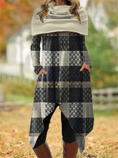 Women's Vintage Dress Casual Dress Winter Dress Plaid Patchwork Print Cowl Neck Midi Dress Vintage Ethnic Date Long Sleeve Fall Winter